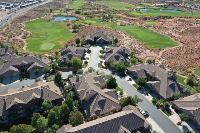 Aerial of Coral Ridge homes bordering Coral Canyon golf holes