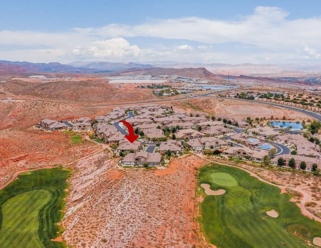 Aerial view of Coral Ridge homes beside Coral Canyon golf holes