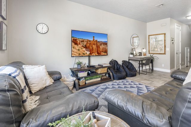 Family room with sectional, bean bags and desk nook