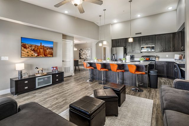 Living room with ottomans, TV and kitchen bar seating