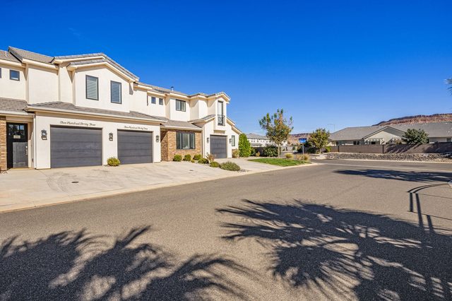 Street view of Freedom Village townhomes and garages