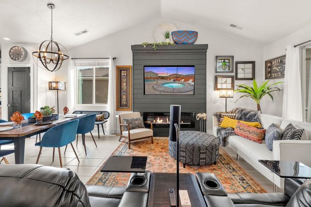 Great room with sectional, recliners and fireplace TV cabinet