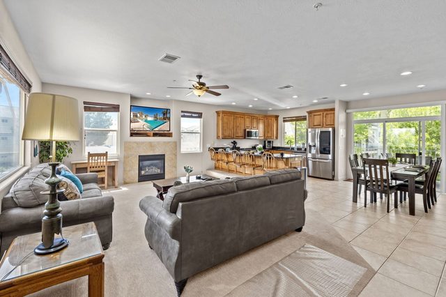 Open living room, kitchen and dining area at Las Palmas 1805