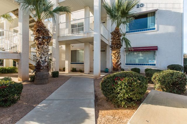 Walkway and palm trees outside the Las Palmas condo building