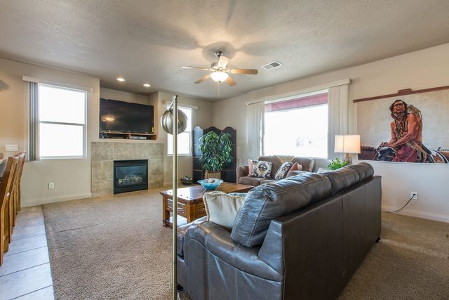 Living room with fireplace, TV and leather sofas