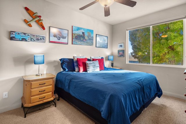 Bedroom with blue bedding, nightstand and large window at Las Palmas 806