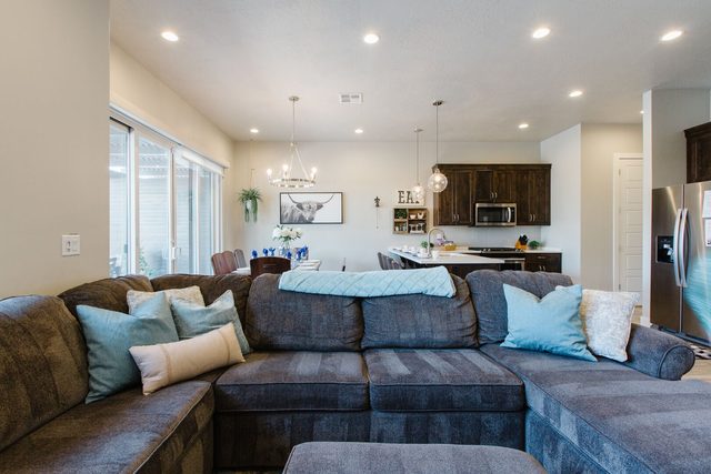 Large sectional sofa with pillows in the great room