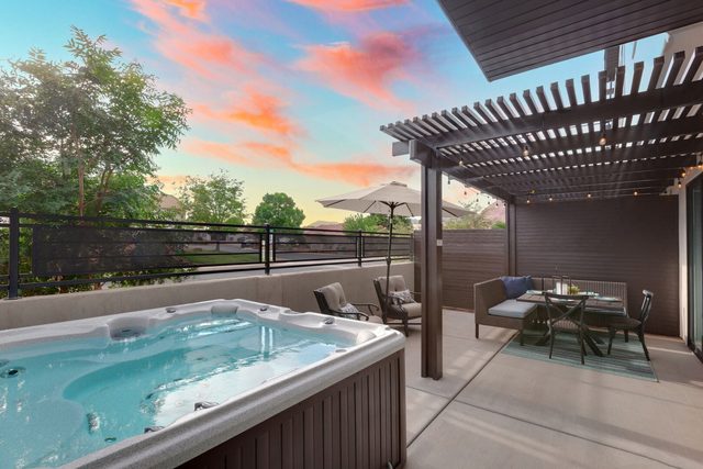 Private hot tub on the pergola-shaded back patio at Ocotillo Springs 44~Sky Fire