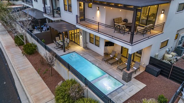 Aerial view of Southern Comfort private pool, patio and balcony