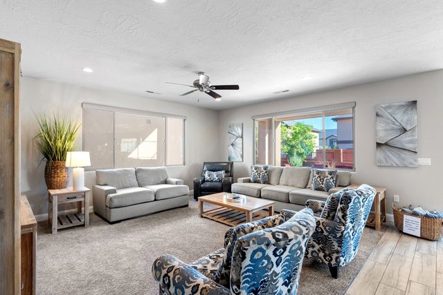 Main living room with two sofas and patterned armchairs
