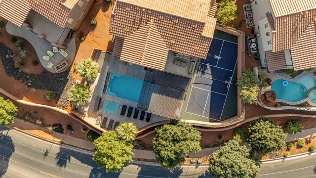 Overhead aerial of the home and its private backyard