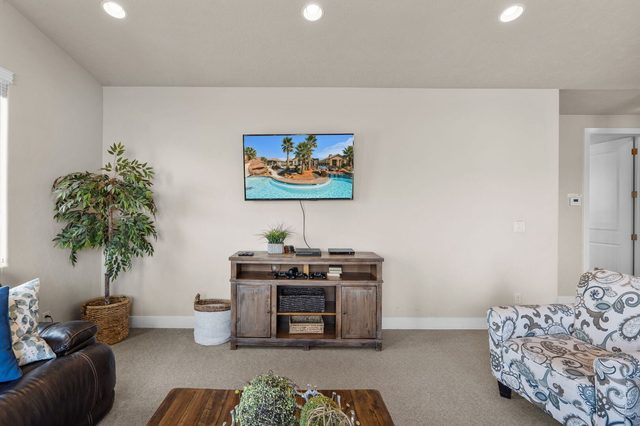 Loft TV console with armchairs and potted plant