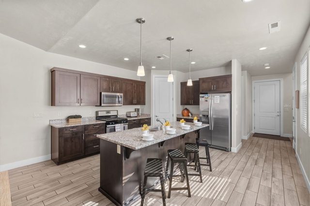Kitchen island with bar stools and stainless appliances