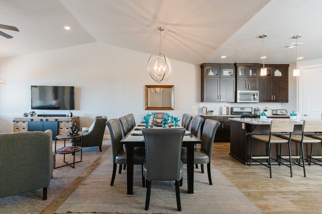 Great room with dining table for ten and kitchen island