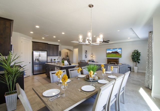 Dining table set for eight in the open great room