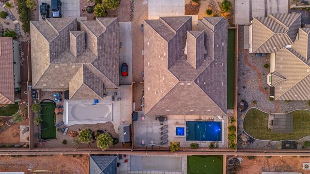 Aerial of the home, backyard pool and court at Sand Hollow 4301