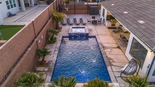 Aerial of the private pool, spa and patio at Sand Hollow 4301