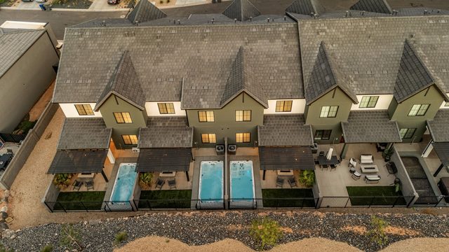 Overhead view of the three homes with private swim spas in back
