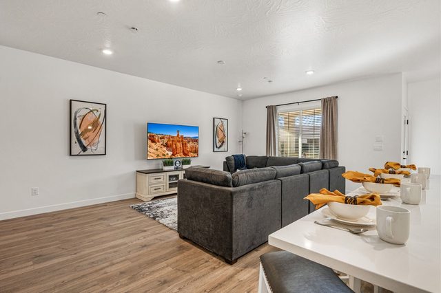 Living room seen from the kitchen island with TV and sectional