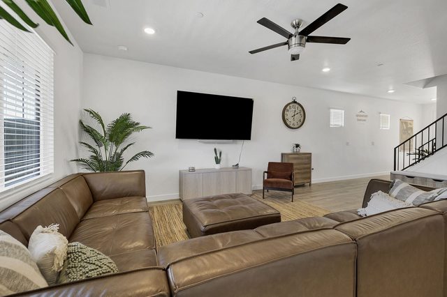 Large leather sectional facing the living room TV