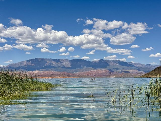 Sand Hollow Reservoir with reeds and mountains under blue sky