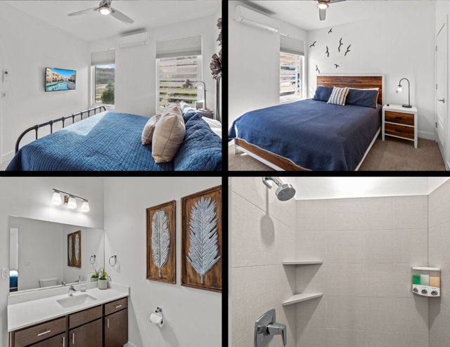 Bedroom and tiled ensuite shower at The Lofts 1 & 2 Retreat
