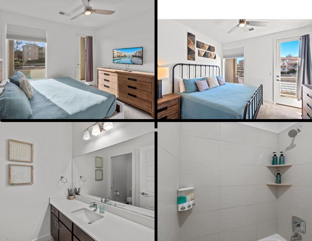 Bedroom with iron bed frame and bathroom at The Lofts 1 & 2 Retreat