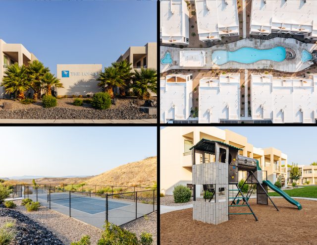Community pool aerial, pickleball court and playground near The Lofts 1 & 2 Retreat