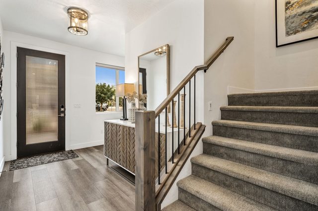 Front entry door and carpeted staircase