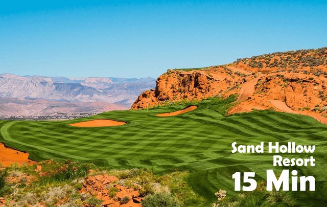 Sand Hollow golf hole framed by red rock, about 15 minutes away