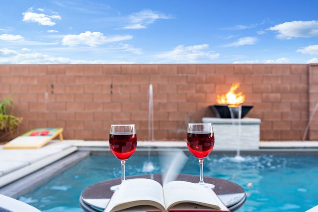 Private pool with water jets, fire bowl and floating tray