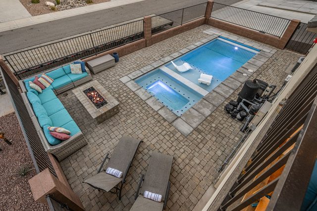 Aerial view of the private pool, fire pit and patio