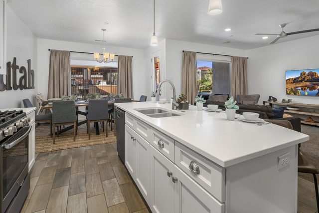Kitchen island looking toward the dining table and living room
