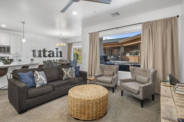 Open living room with kitchen and dining area beyond